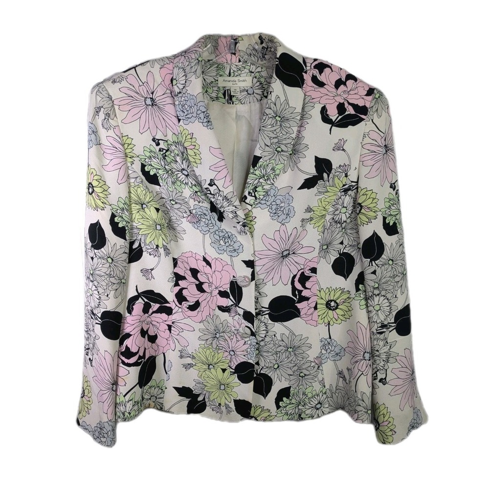 Amanda Smith Blazer Women 16 White Floral Button Up Silk Collared Careerwear